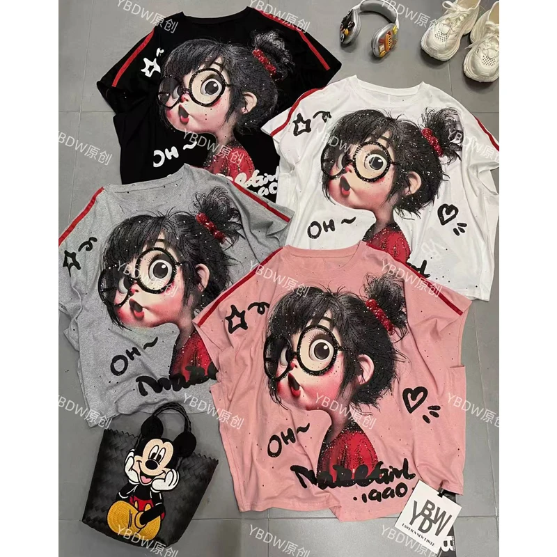 欧货2025夏季新款宽松大版遮肚重工烫钻洋气可爱百搭通勤短袖t恤