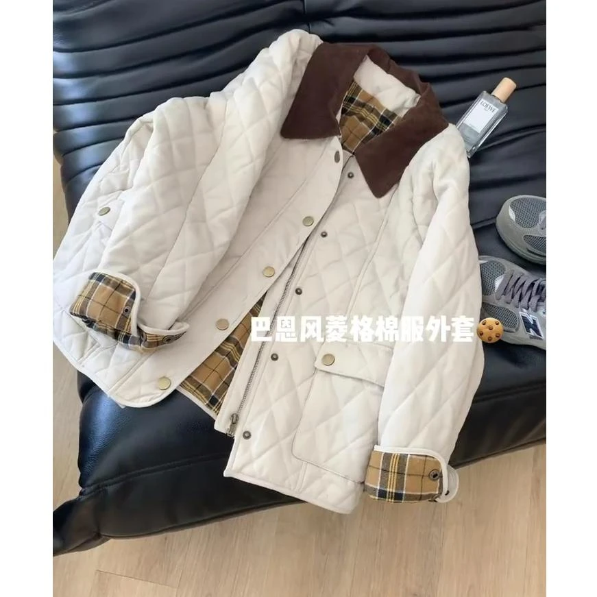 2025年新款韩版复古翻领菱格棉服女复古撞色拼接保暖外套上衣洋气