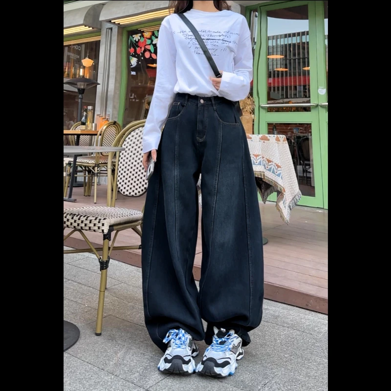 新11288加厚牛仔裤女2024秋冬新款个性弯刀裤质感加绒阔腿长裤子