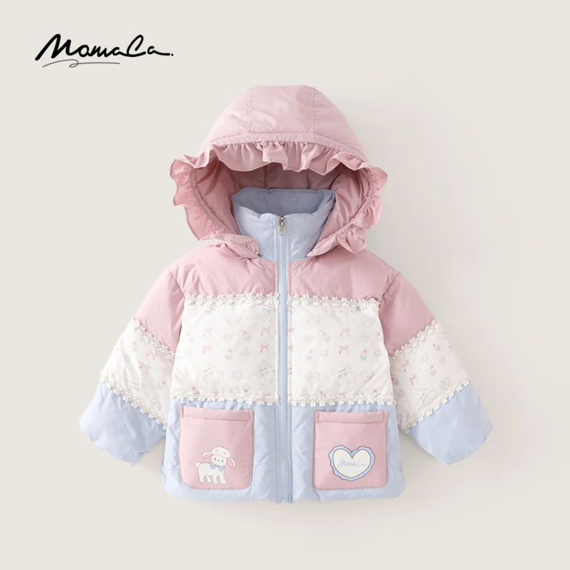 MOMOCO冬季新款女童拼色花边帽子加棉保暖时尚外套75830101191