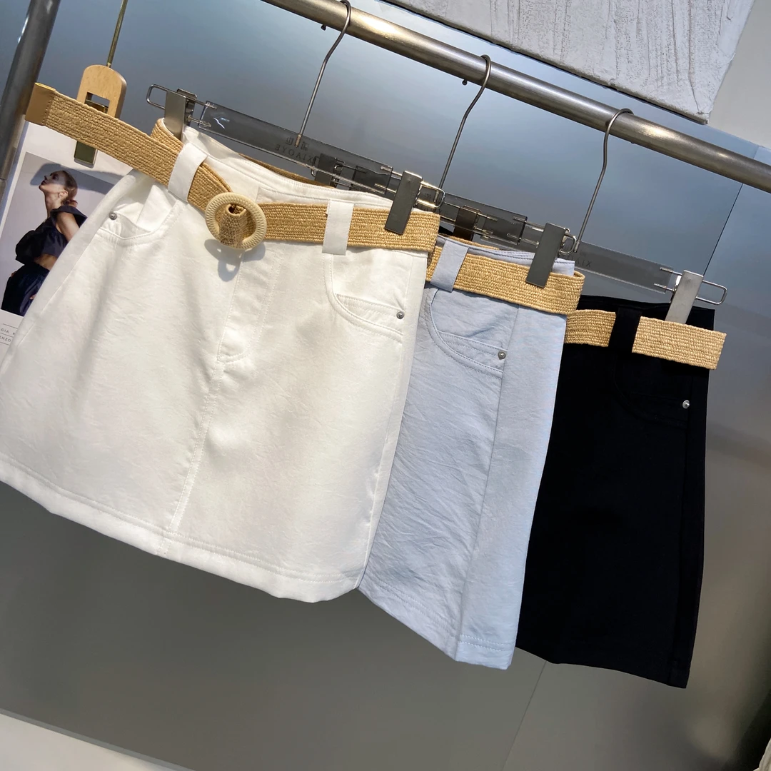潇也甄选-韩版复古配编织腰带高腰防走光百搭女夏季A字短裙