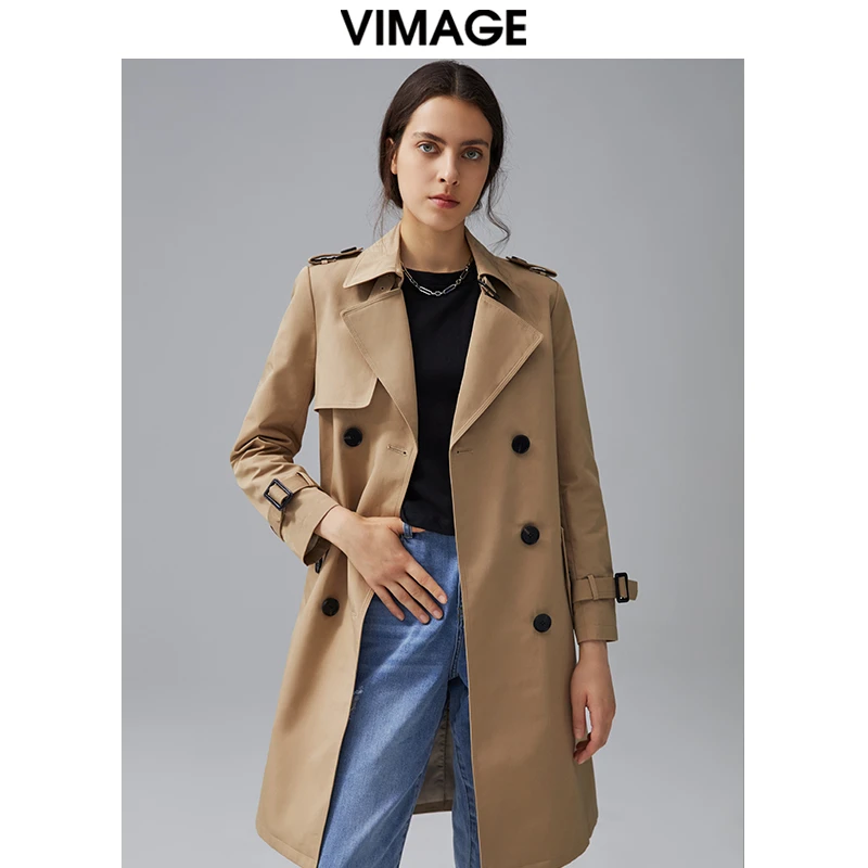 VIMAGE纬漫纪女装秋款经典翻领收腰中长款风衣女时尚外套V1404005
