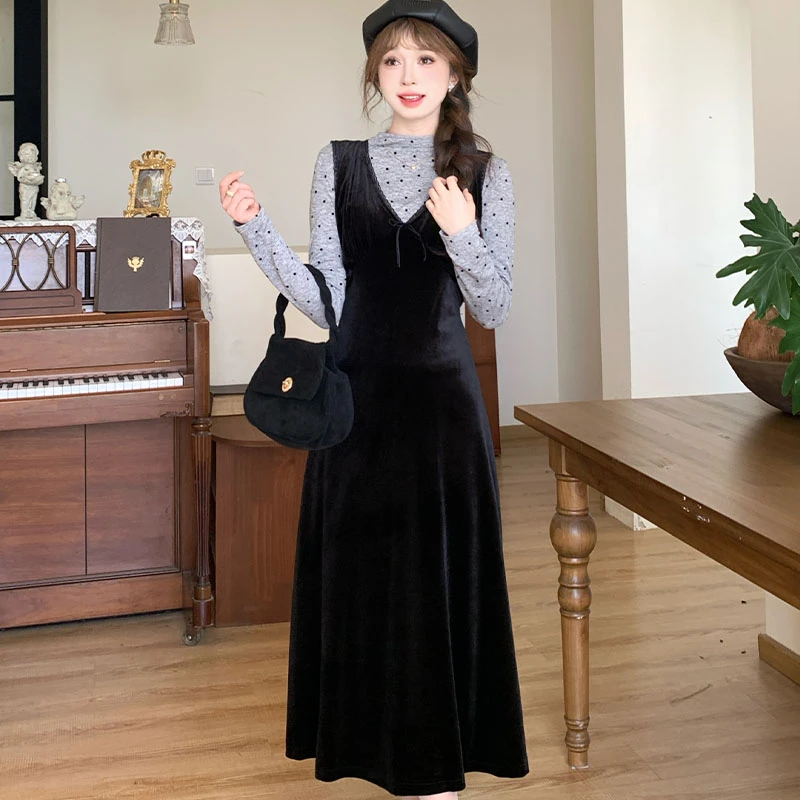 慕兔韩系连衣裙搭配斑点灰T恤套装女2024新款百搭显瘦时尚两件套