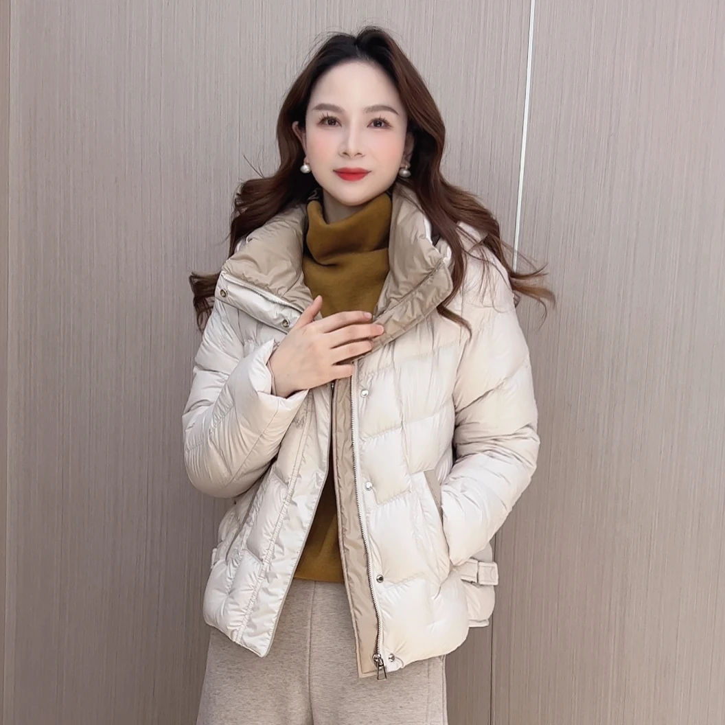 【奶咖双拼】安心白鸭绒连帽撞色高端羽绒服 冬季新款女装保暖外套