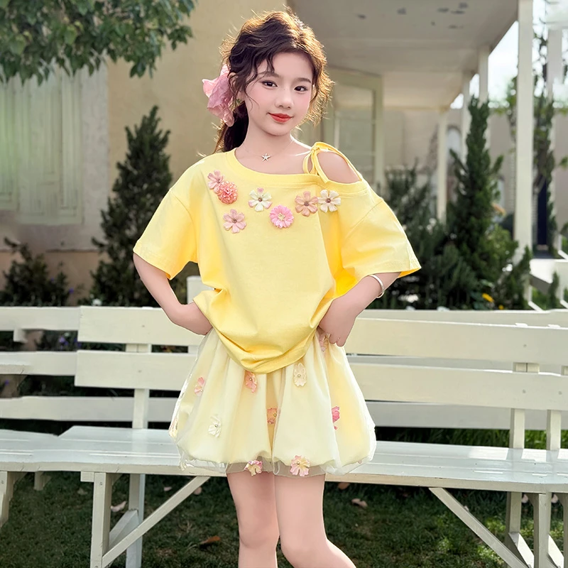 女童夏季套装2025新款中大童甜美休闲重工立体花朵短袖短裙两件套