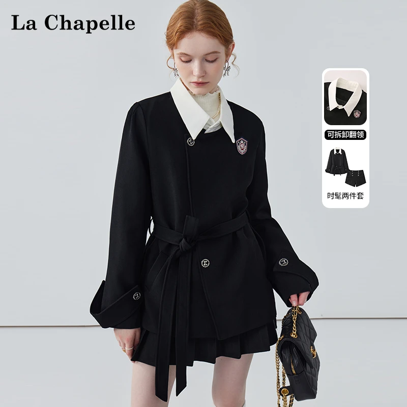 拉夏贝尔翻领外套黑色双排扣短裤两件套女复古宽松套装2025春高级