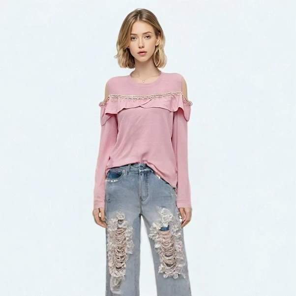 超细羊毛混纺漏肩重工套头圆领毛针织长袖上衣