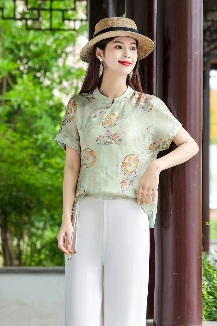 【大王花】新中式香云纱立领短袖桑蚕丝棉凉快显瘦国风上衣0099