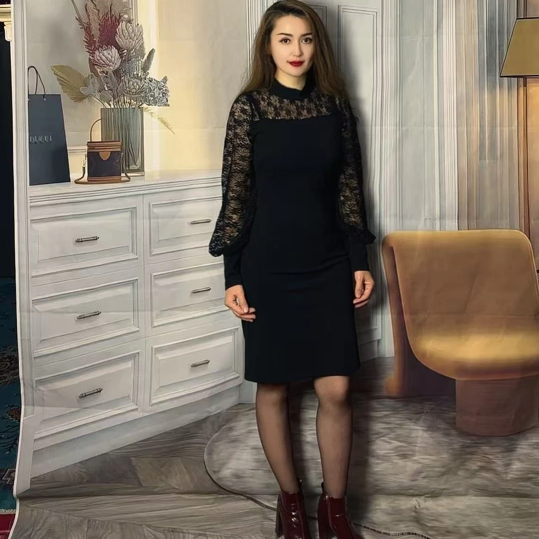 （小黑花）黑网气质修身时尚显瘦连衣裙