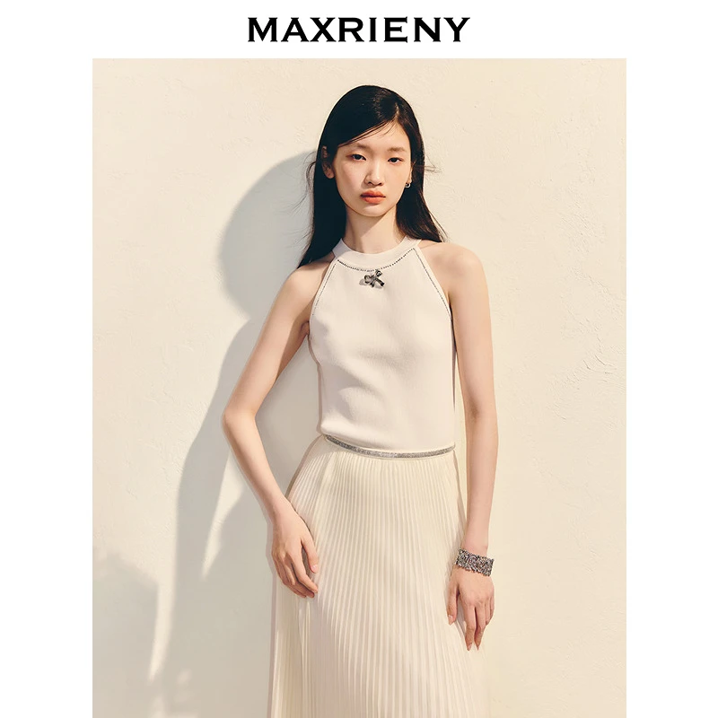MAXRIENY简约高级挂脖针织上衣2025夏无袖显瘦收腰修身毛衫上衣