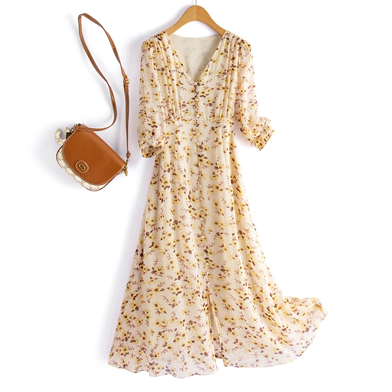 墨枝 气质V领显瘦印花桑蚕丝连衣裙D9009418