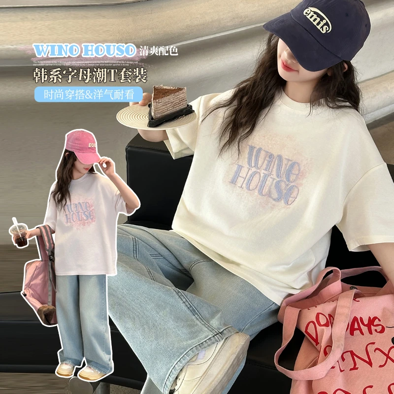 女童中大童2025夏季时尚休闲女童字母T恤儿童直筒牛仔裤套装阔腿