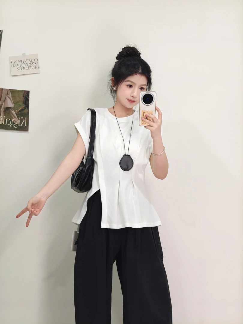 【故里】不规则侧开叉短袖T恤女2025夏季新款时尚独特小衫设计感