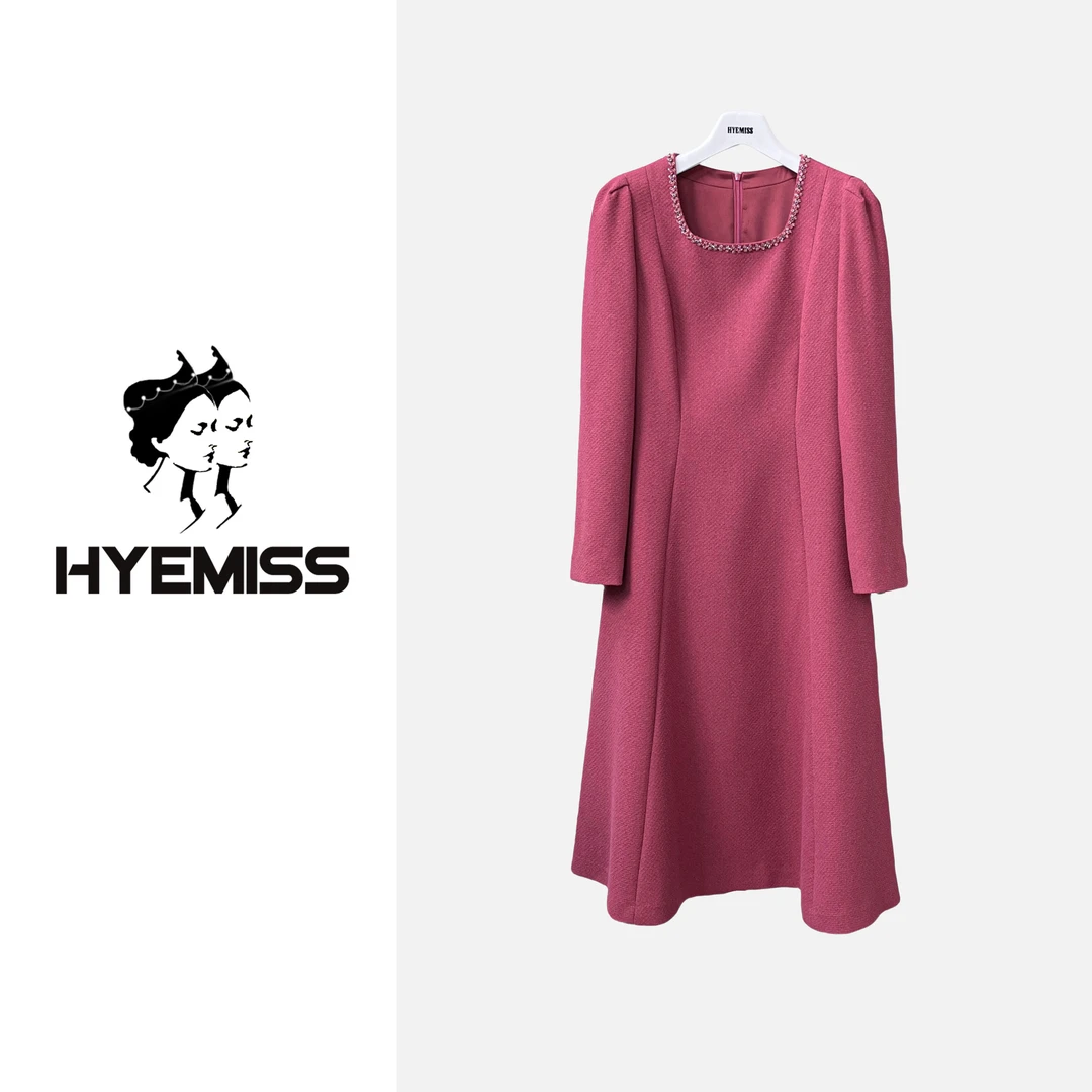 HYEMISSOW240263秋冬新款粘纤气质百搭轻奢显瘦钉珠长袖连衣裙