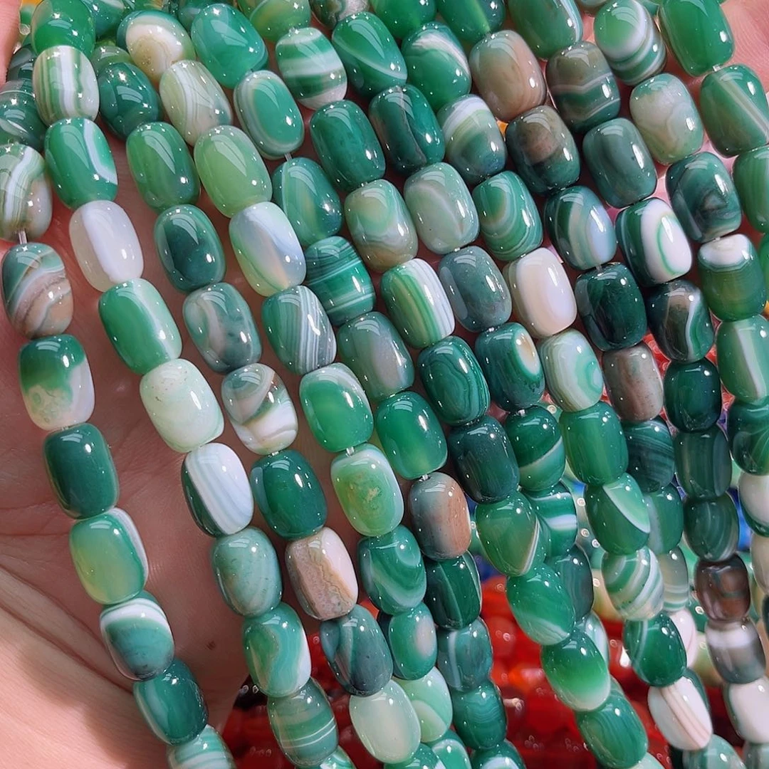 玛瑙/玉髓未镶嵌珠宝半成品蚕丝绿玛瑙桶珠一条10x14mm