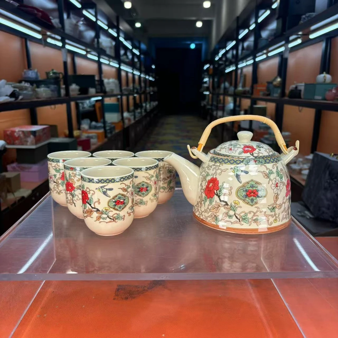 秋香茶具 复古陶瓷富贵牡丹提梁一壶六杯家用大容量泡茶壶-2645