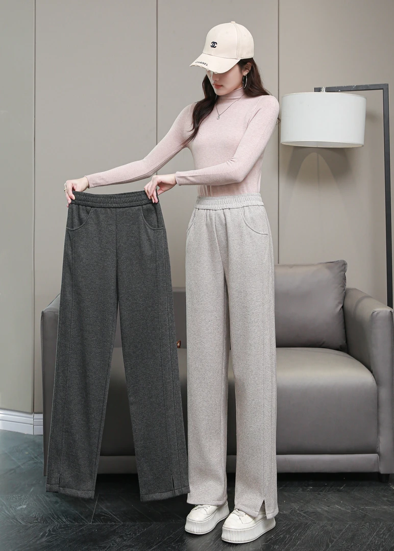 （特价清货）人字纹毛呢开叉香蕉阔腿裤女秋冬季大码加绒宽松长裤女