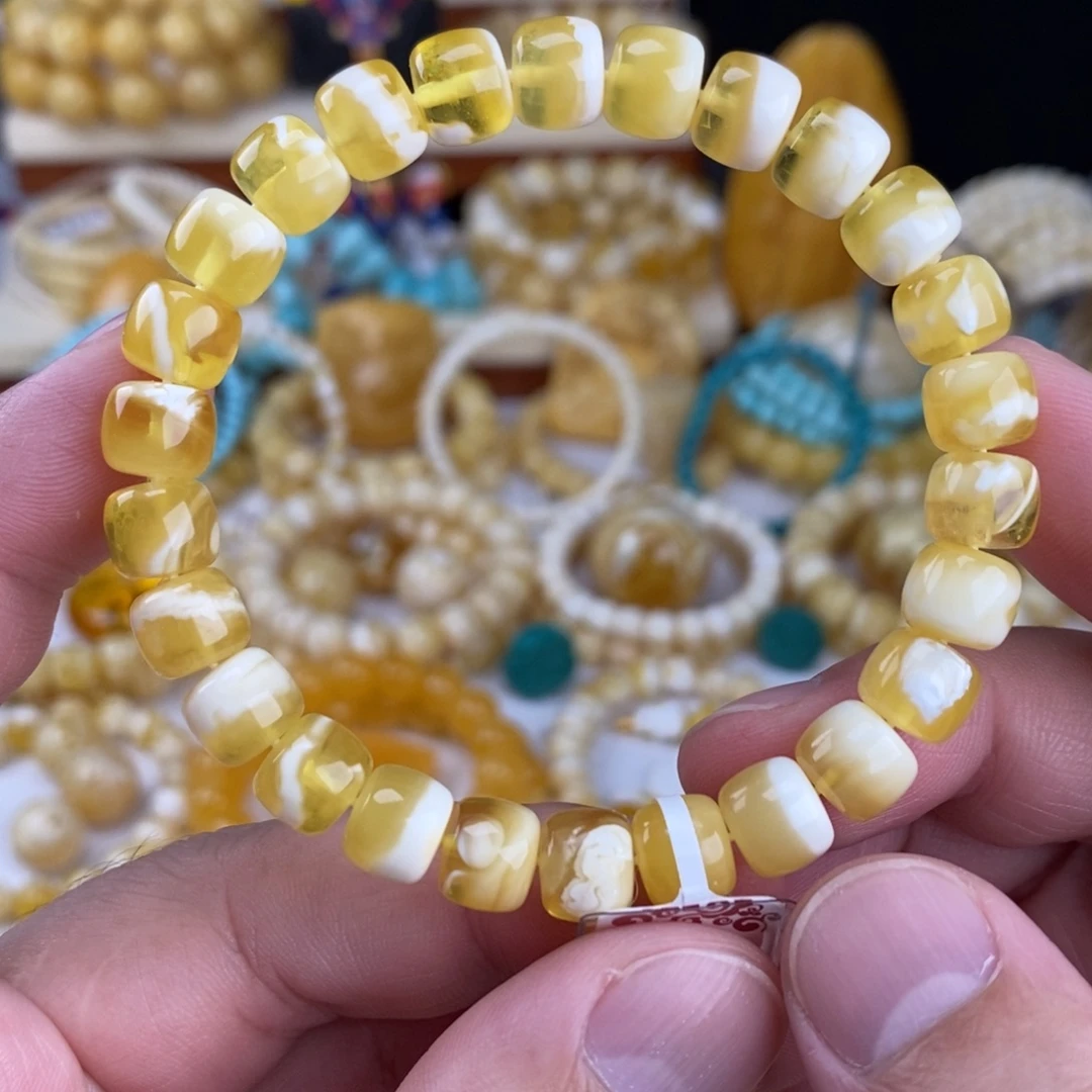 蜜蜡未镶嵌手链金瓷白妖花9mm