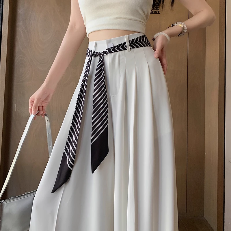 高级感西装阔腿裤女夏季薄款丝巾系带休闲裤高腰显瘦垂坠感拖地裤