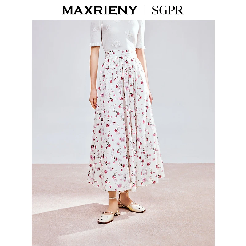【商场同款】MAXRIENY精致浪漫玫瑰印花半裙收腰散摆长裙25春款