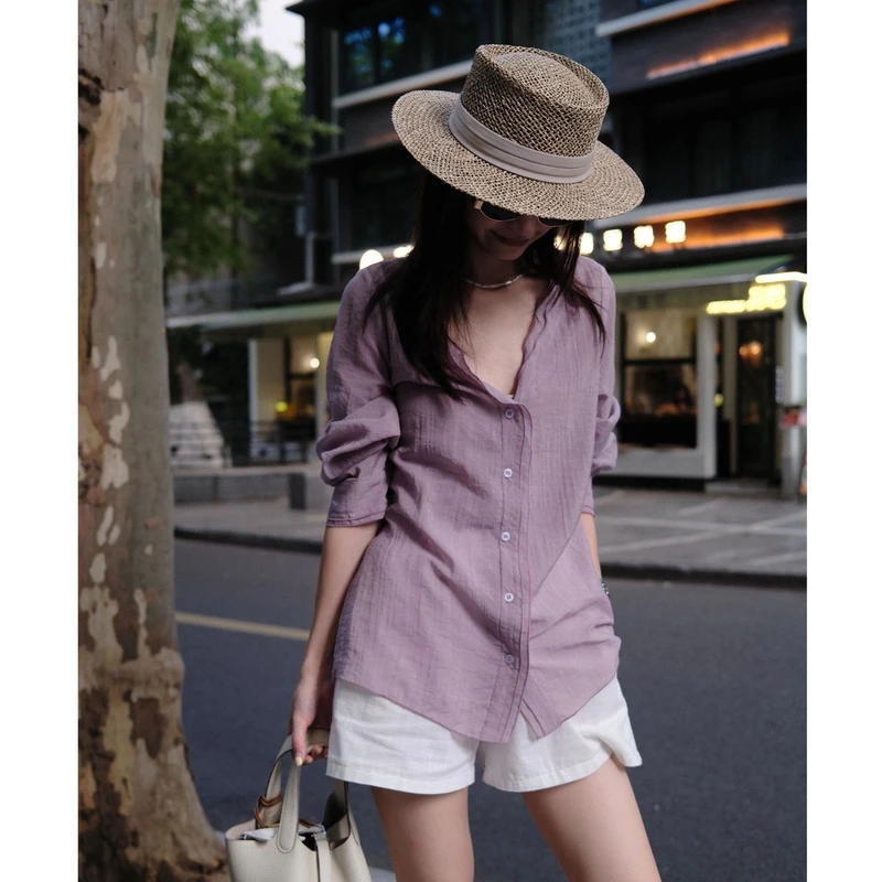 韩系简约夏季新品双层花边V领防晒宽松衬衫