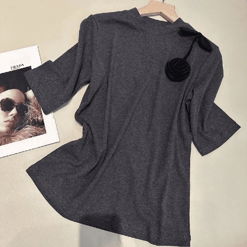 【黄小西YQ213】早秋款圆领设计感时尚百搭中袖显瘦上衣款女FYZ