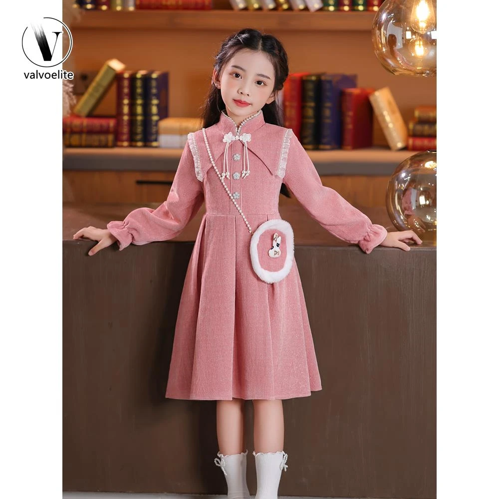 VALVOELITE2025秋冬新款女童长袖公主裙小女孩国风时尚韩式丝绒裙