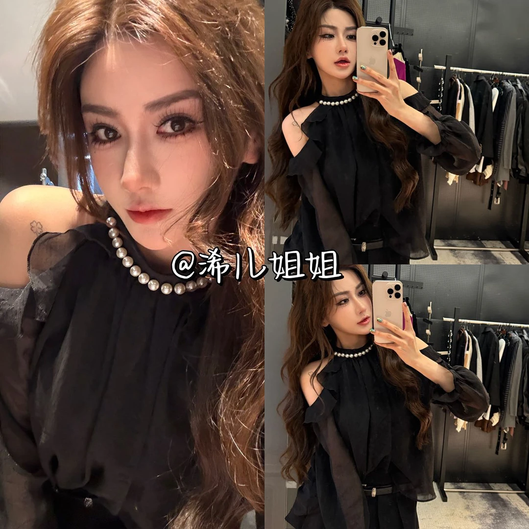 荷叶边露肩钉珠挂脖雪纺上衣