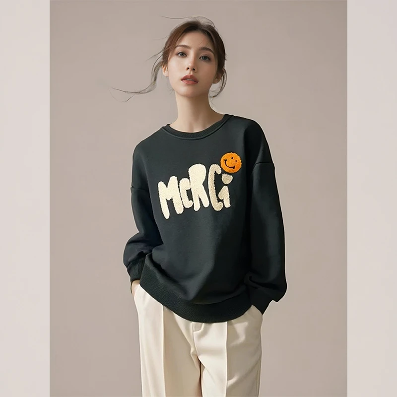 14983 潮牌立体花圆领卫衣女春季款2025新款韩系慵懒风遮屁股上衣