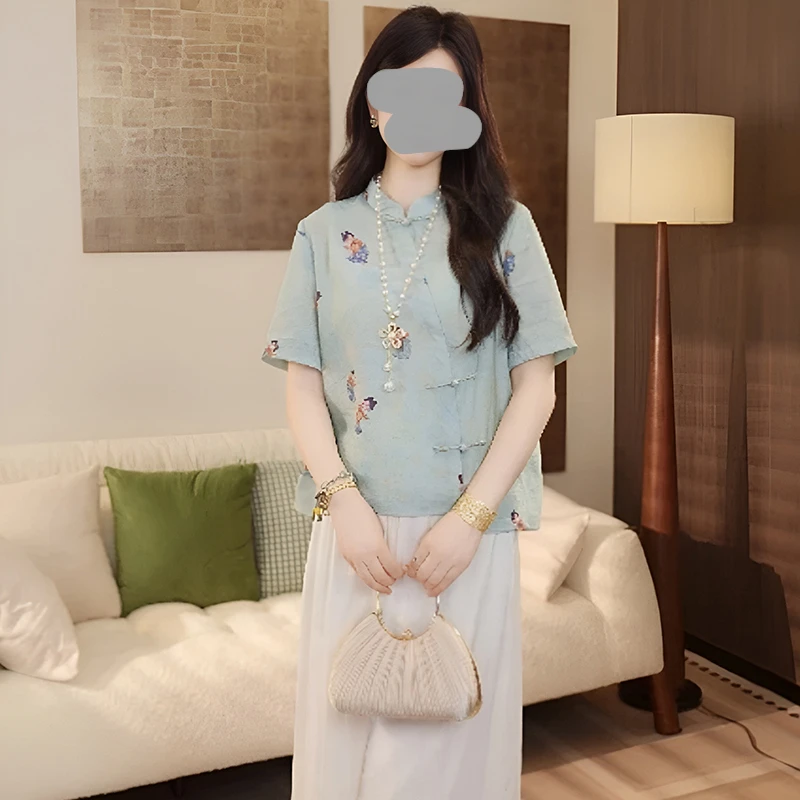 新中式国风气质印花短袖上衣女2025夏季新款高级感阔腿裤裙两件套