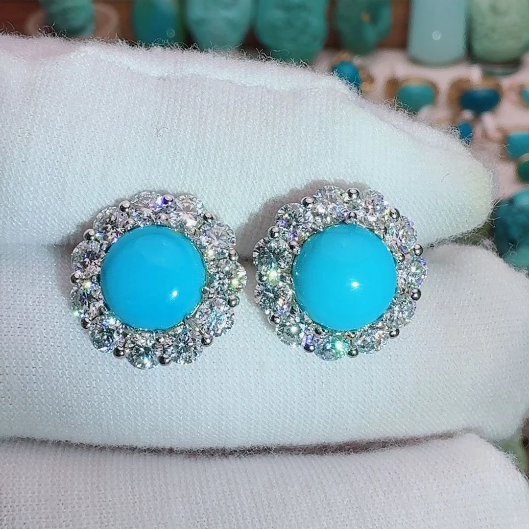 银S925镶嵌绿松石珠宝奇石高瓷蓝耳钉