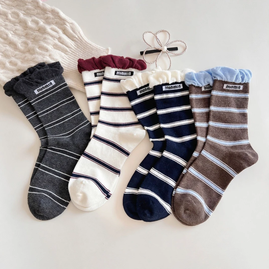 韩系无骨泡泡口学院风撞色松口条纹秋冬款长筒堆堆棉袜