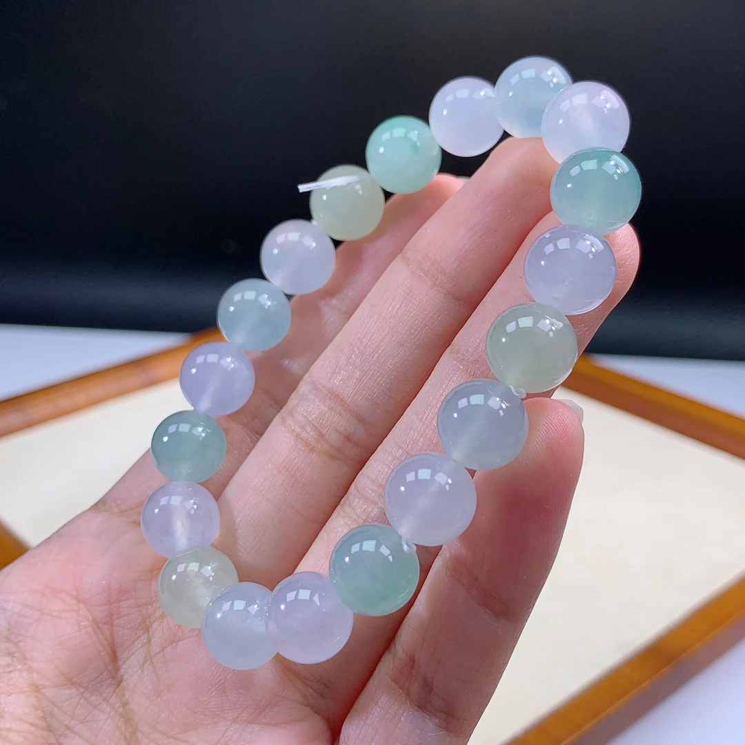 嘉运翡翠7.16-1缅甸天然翡翠A货马卡龙手串卡10mm19颗粒