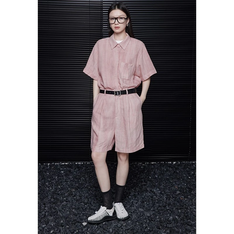 moment粉色亚麻短裤女休闲宽松2024新款夏季薄款外穿显瘦五分裤