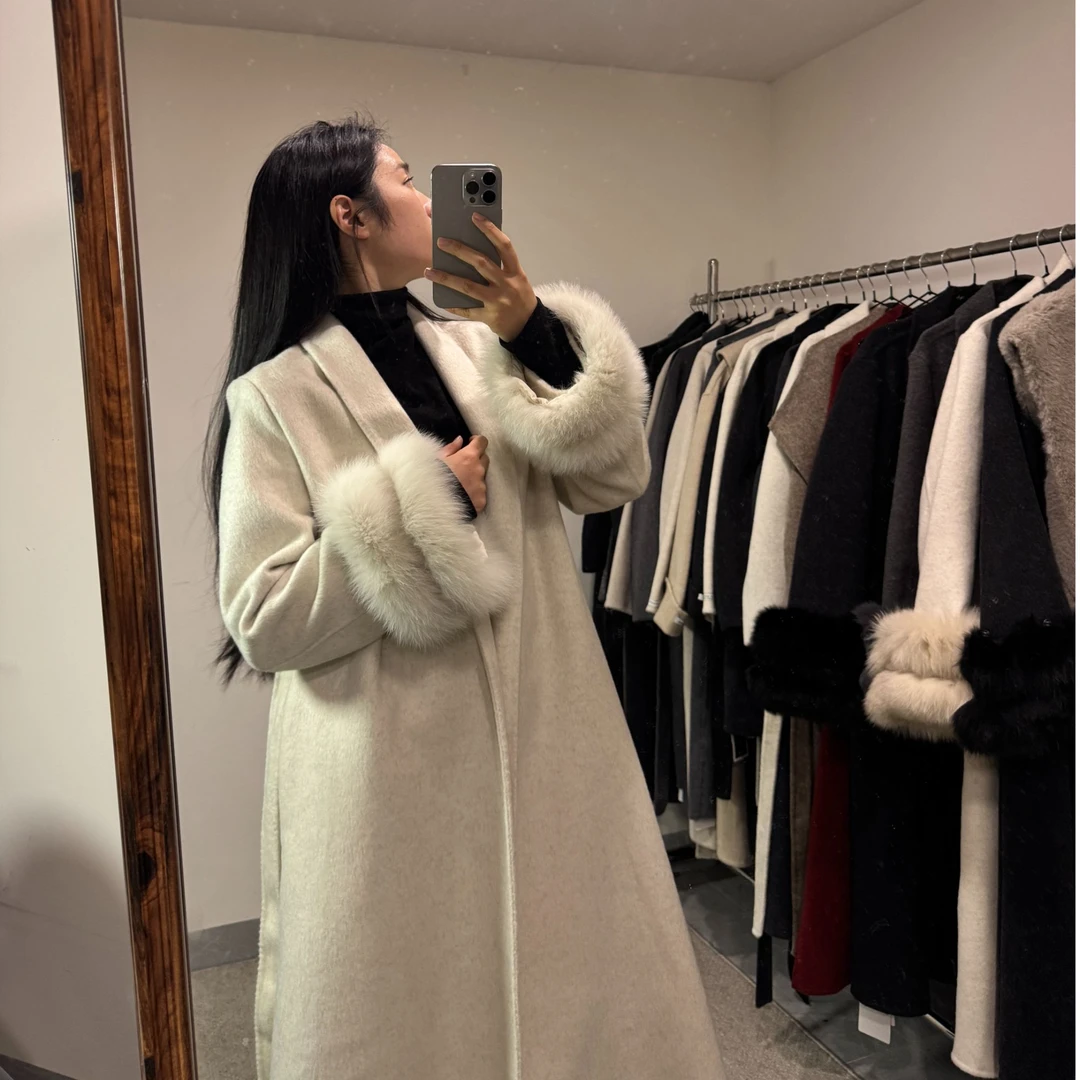 【冬日恋歌】羊毛双面呢长款大衣狐狸毛袖口小翻领毛呢外套