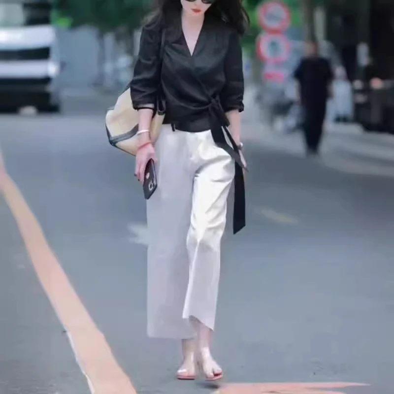 2025夏季新款V领系带薄款上衣纯色阔腿裤显瘦时尚