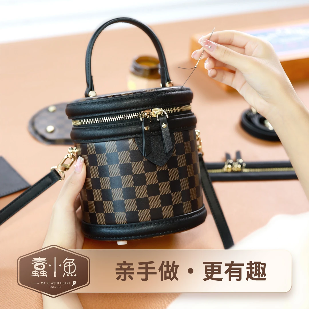 蠢小鱼diy手工包头层牛皮手提斜挎包女水桶包自制作材料包