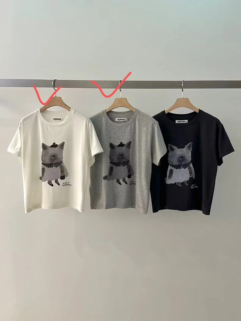 百搭短袖抗皱套头猫咪女士时尚套装T恤圆领卡通印花
