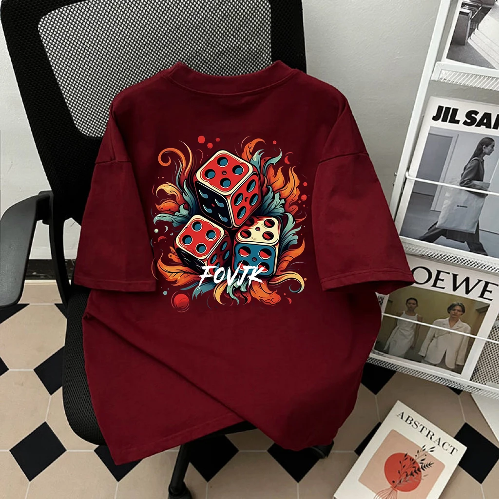 重磅纯棉火焰撒子印花t恤男女慵懒宽松短袖上衣2025夏新韩版上衣