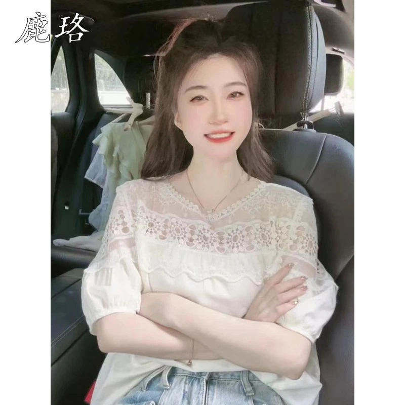漂亮时尚雪纺衫女2025新款短袖夏季法式蕾丝拼接遮肚子泡泡袖上衣