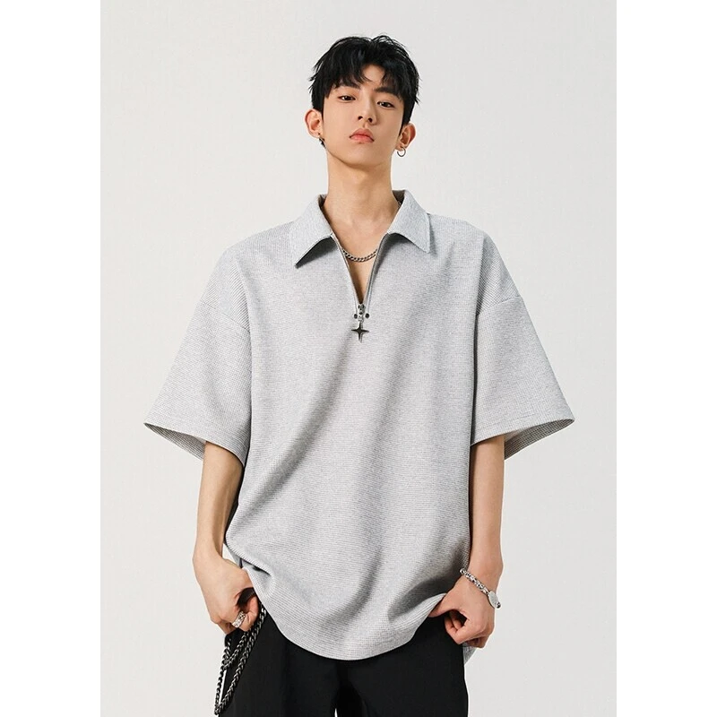 半拉链华夫格polo衫重磅短袖t恤男夏季美式复古潮牌宽松五分半袖