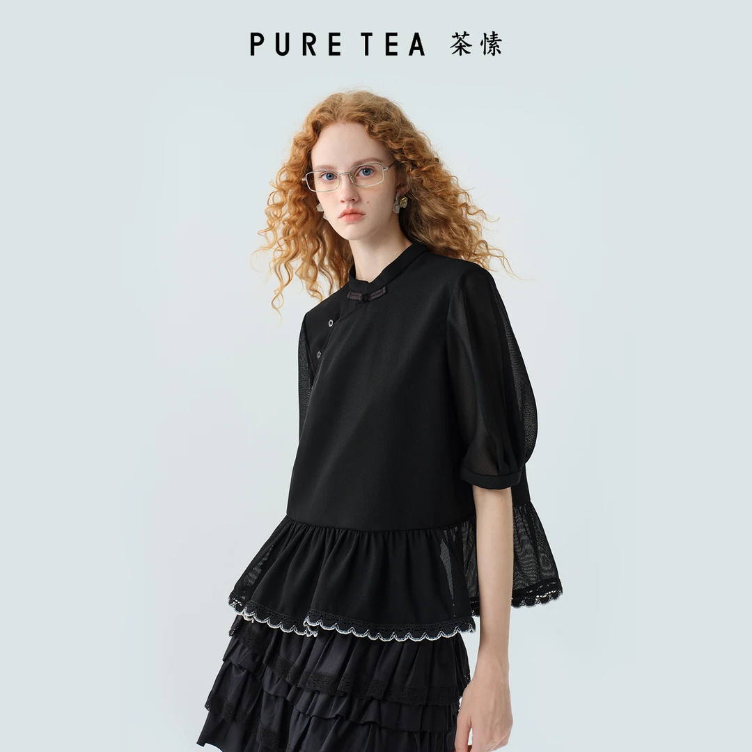 【静奢千金】东方格调盘扣波浪花边织带上衣KJ1502D31