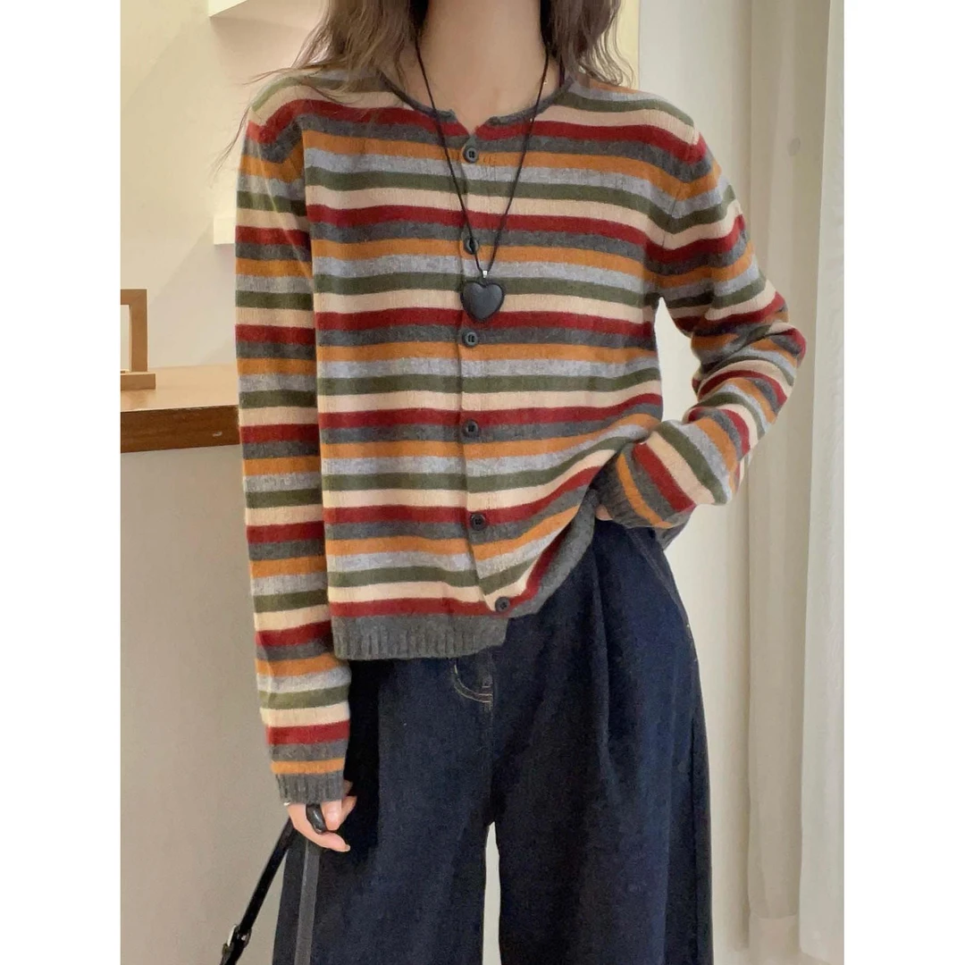 彩色条纹上衣女显瘦毛衣春秋宽松圆领针织衫时尚百搭