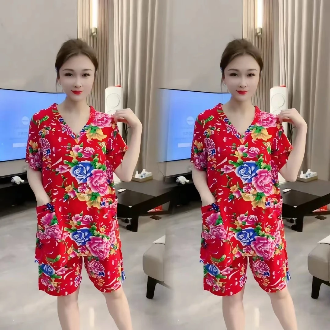 春夏薄款东北大花短袖短裤汗蒸服女民族风大码洋气睡衣套装家居服