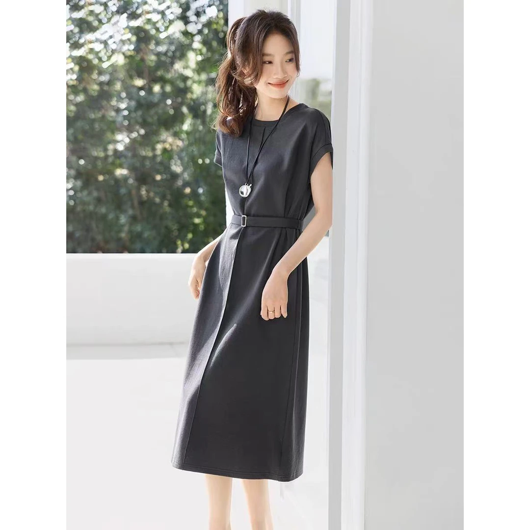 慵懒慢调休闲宽松量感T恤后开叉连衣裙2025夏季新款长裙