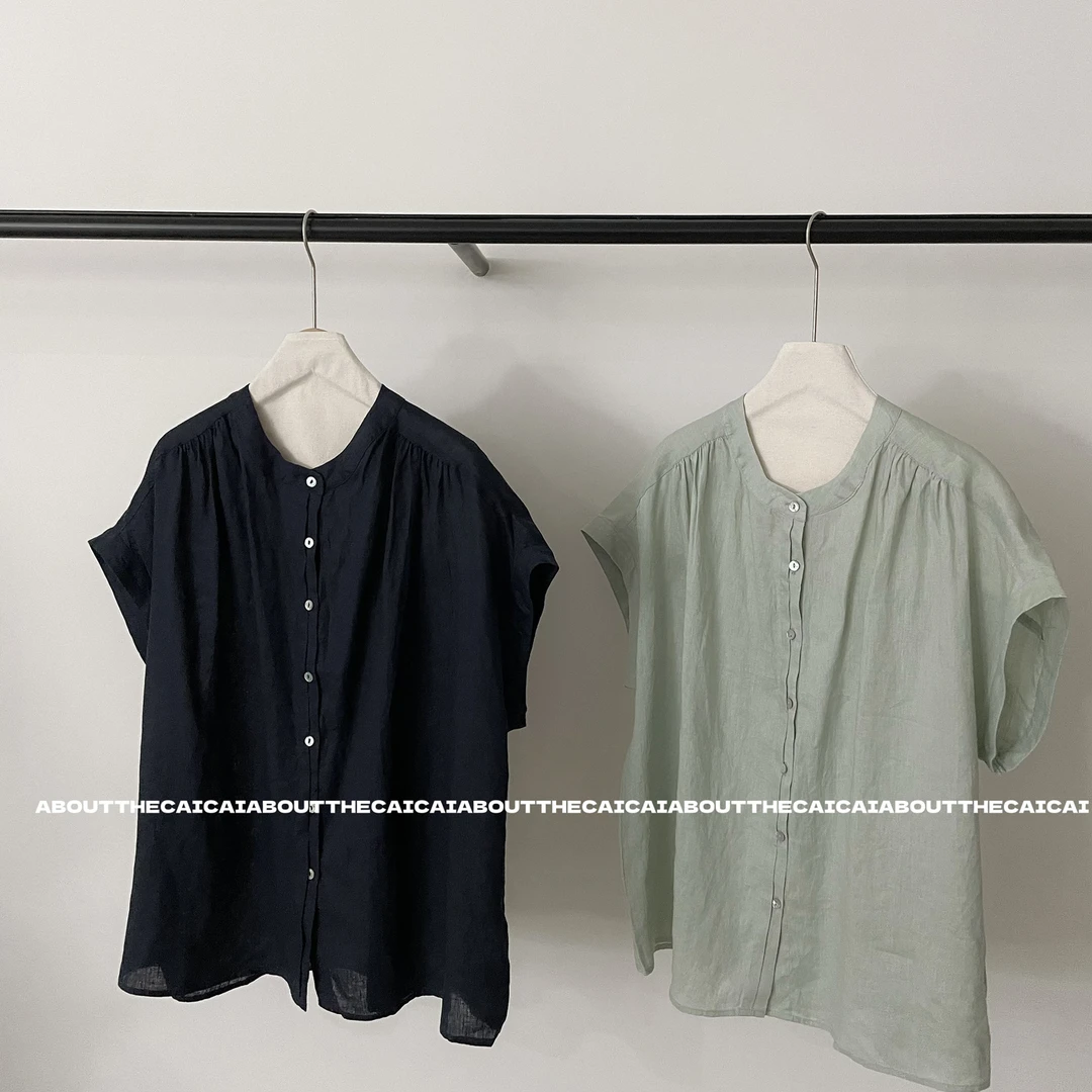 CAICAI麻料透气开衫短袖衬衫女简约休闲气质百搭复古小衫上衣2570