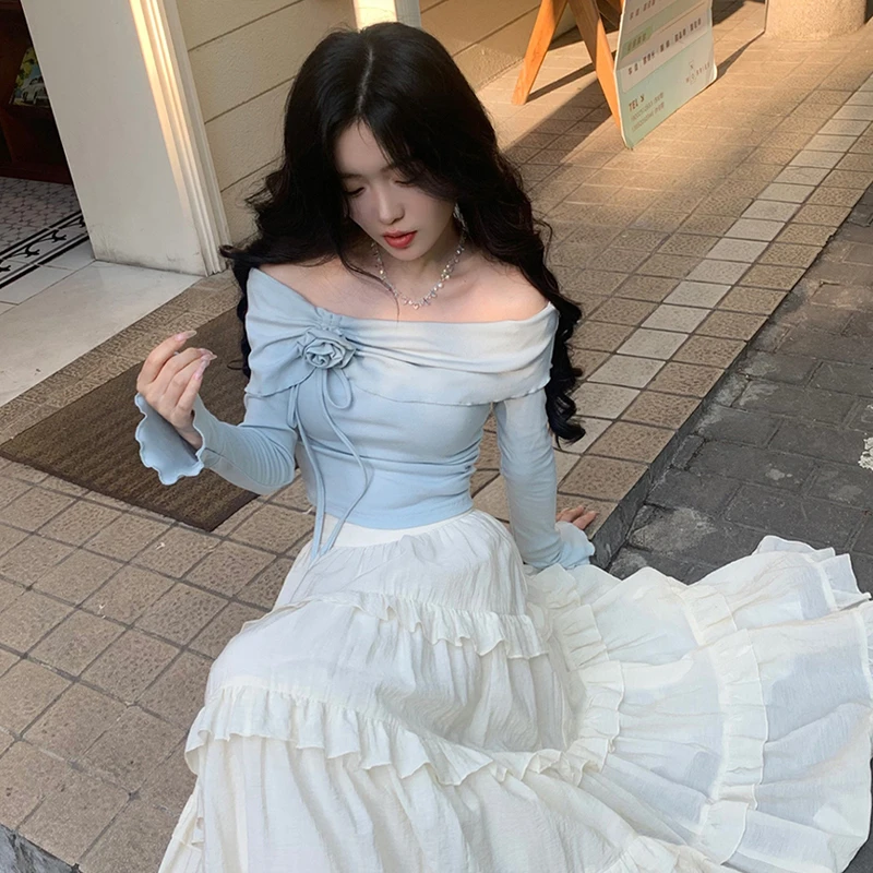 气质欧若风修身显白优雅设计感方领两穿小花显瘦捏褶甜美上衣T恤