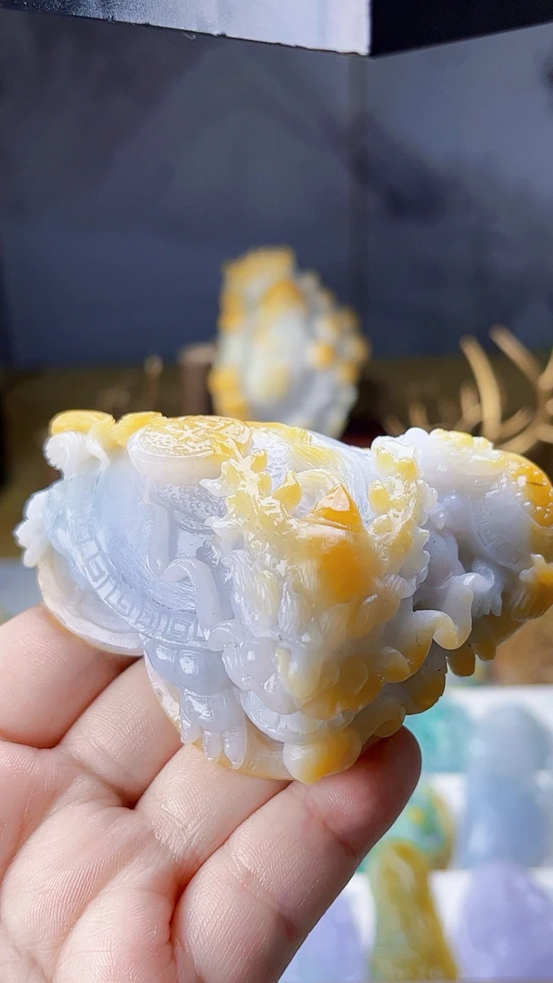 天然缅甸翡翠黄翡龙龟手把摆件毛货买断需抛光尺寸高87宽57厚40