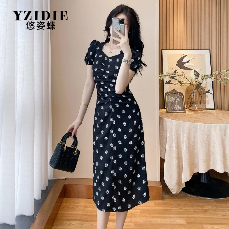 YZIDIE25夏新款修身连衣裙女人味高级感气质收腰玫瑰提花法式长裙