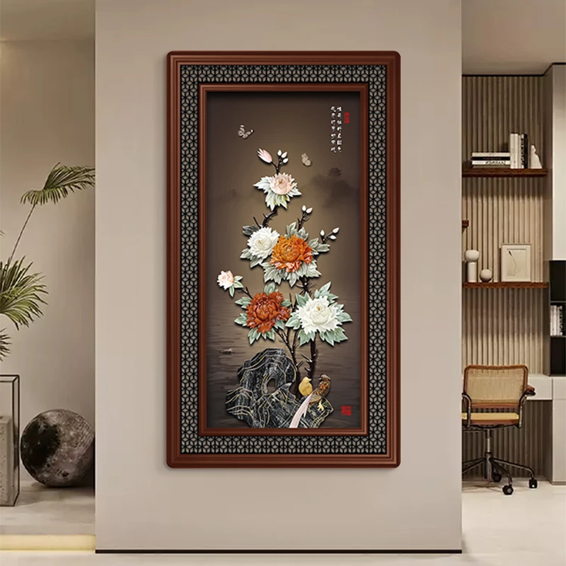 九头鸟手工玉雕画《花开富贵》90×160